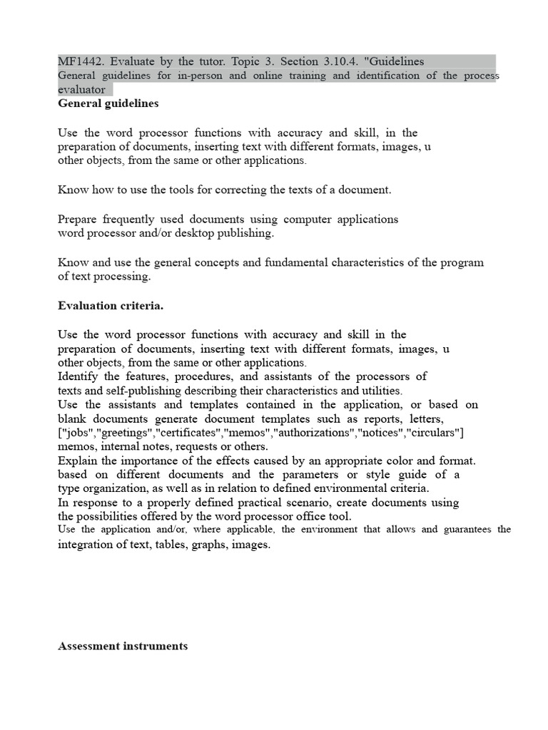 General Guidelines: MF1442. Evaluate by The Tutor. Topic 3. Section 3. ...