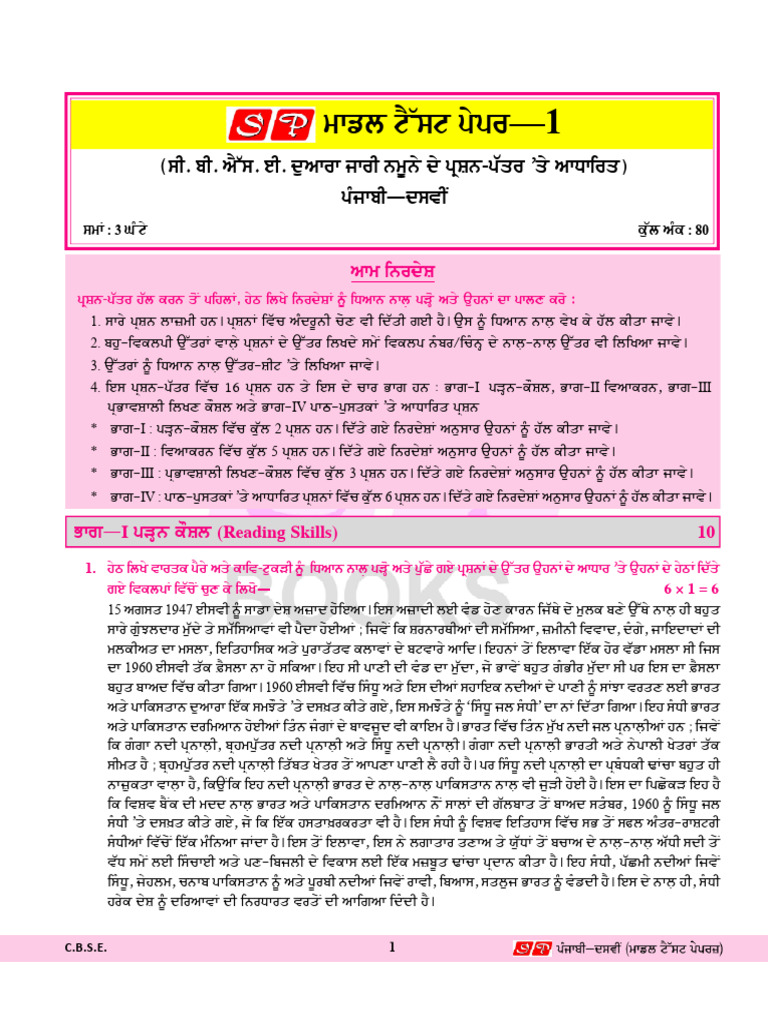 SP Sample Paper Punjabi 10 | PDF