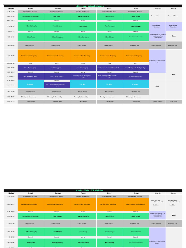 VIP Medicine Class Schedule Template | PDF | Lunch