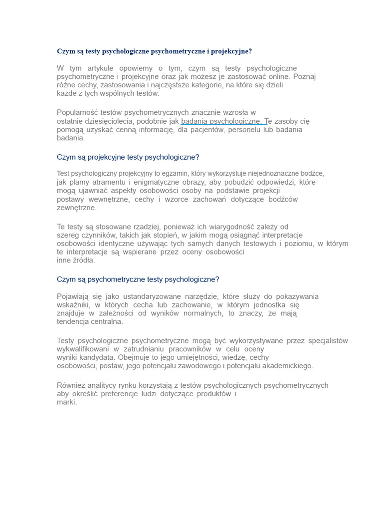 Czym Są Testy Psychologiczne, Psychometryczne I Projekcyjne? | PDF