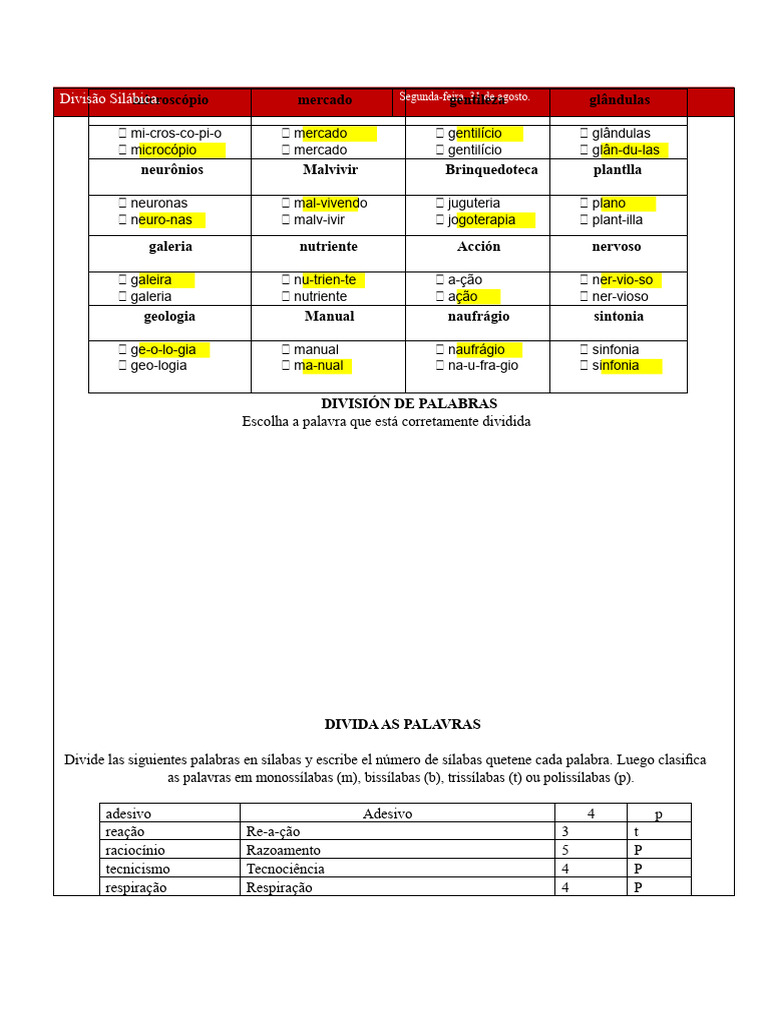 Divisão Silábica e Classificação de Palavras | PDF