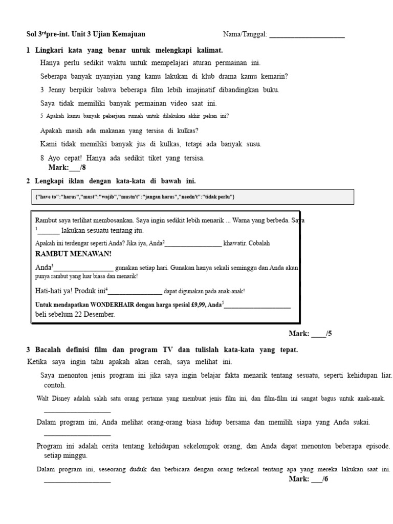 Ujian Kemajuan Sol 3 Pre-Int Unit 3 | PDF