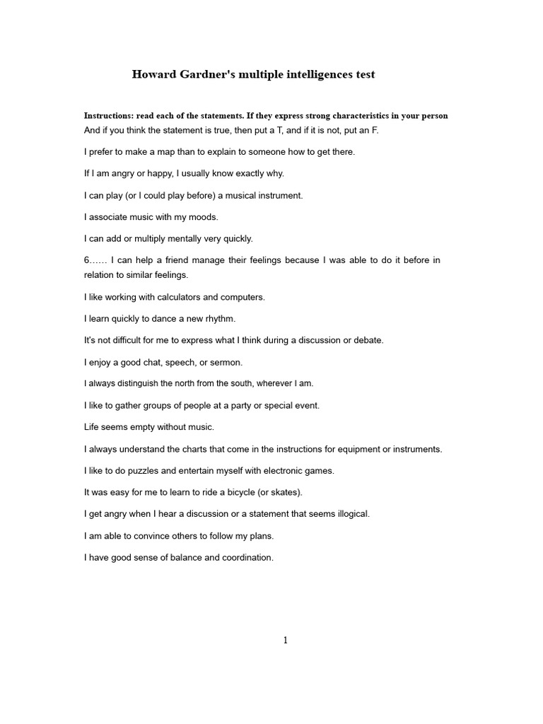 Multiple Intelligences Test (Howard Gardner) | PDF | Cognition | Psychology