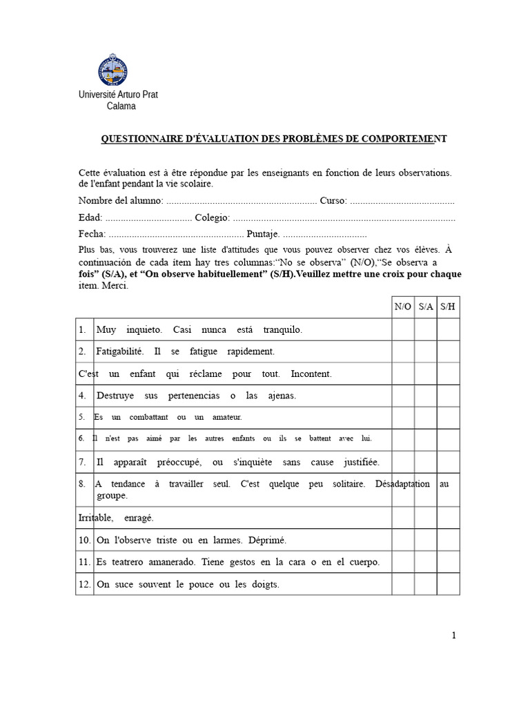 Évaluation des problèmes de comportement scolaire | PDF | Échecs ...