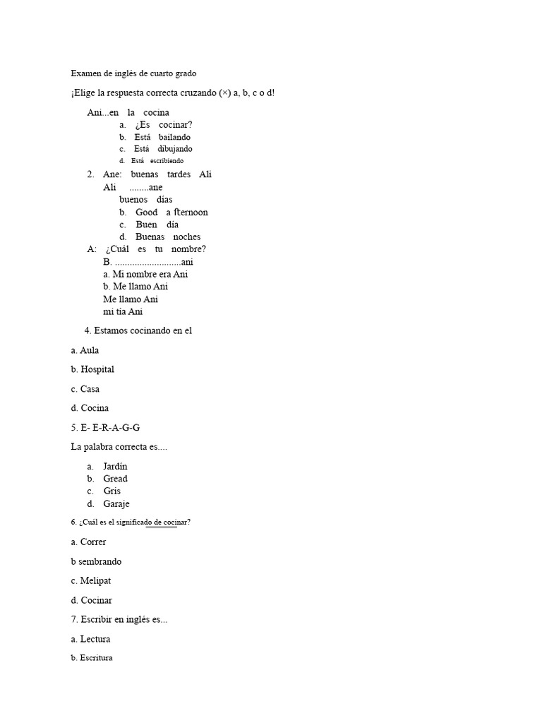 Examen de Inglés para El Cuarto Grado | PDF