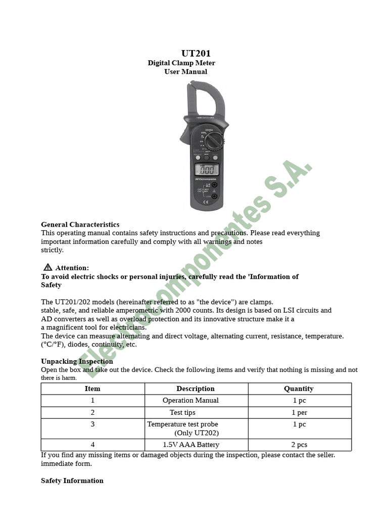 UT201 Digital Clamp Meter Manual | PDF | Diode | Electrical Impedance