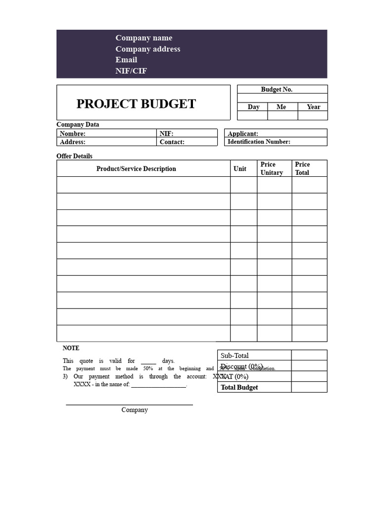 Work Budget Template Word | PDF