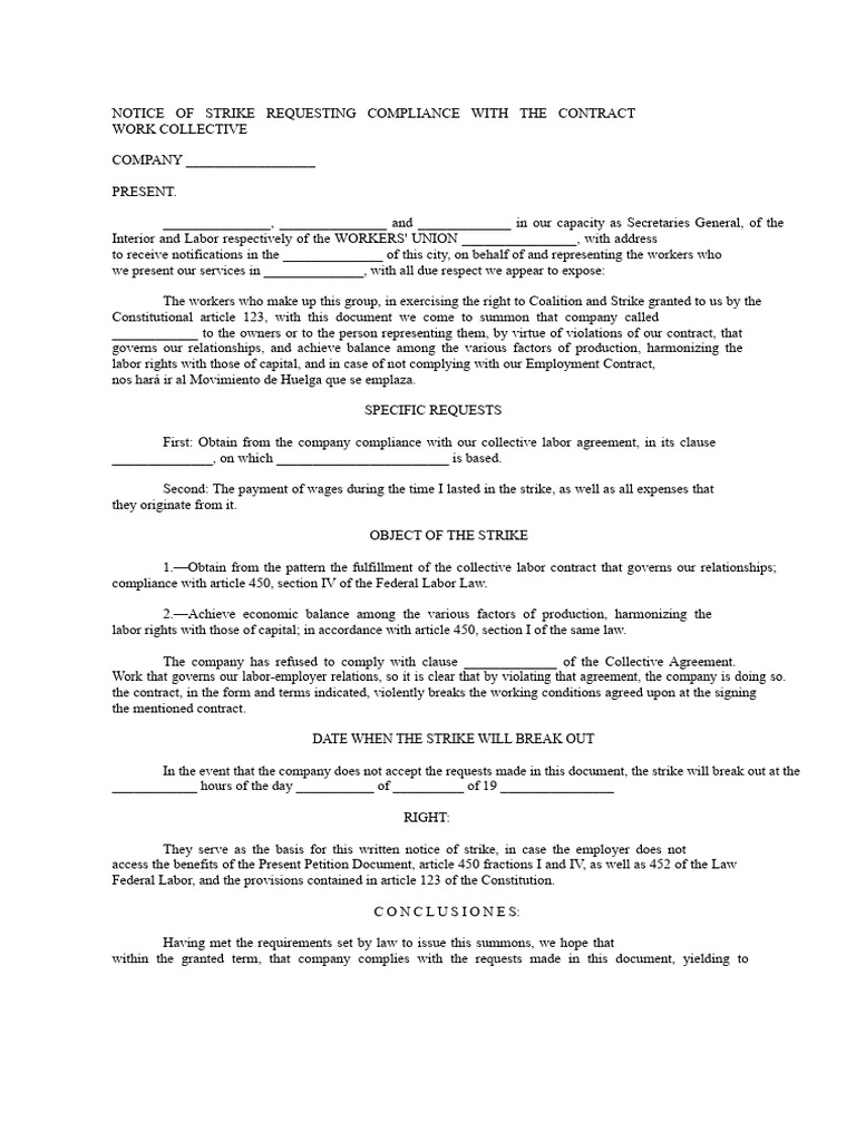 Written Notice of Strike Requesting Compliance With The Collective ...