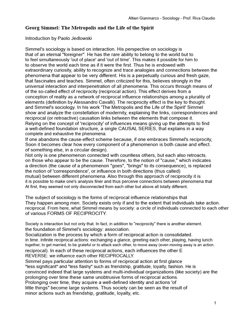 Georg Simmel - The Metropolis and The Life of The Spirit | PDF ...