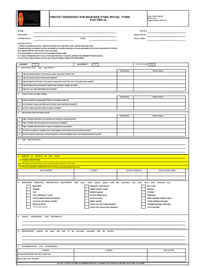 High-Risk Electrical Work Authorization Form | PDF | Personal ...
