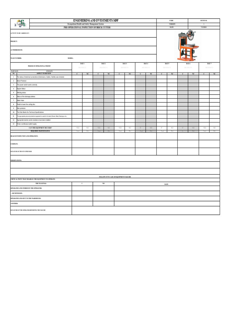 Sst-Fo-56 Pre-Operational Inspection of Brick Cutter | PDF ...