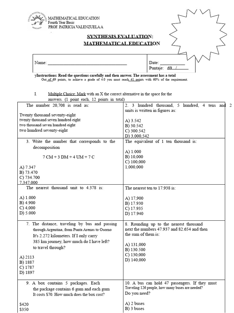 Fourth Year Math Education Assessment | PDF | Mathematics | Multiple Choice