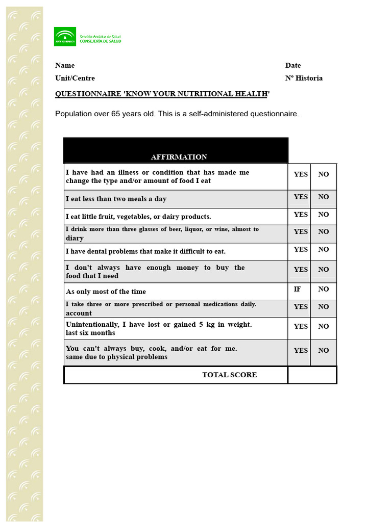 Nutritional Health Questionnaire for Seniors | PDF | Health Care