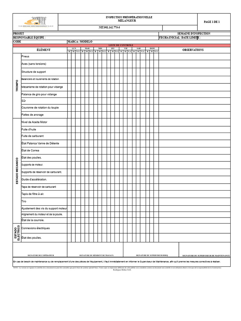 Inspection Préalable Mélangeur 2023 | PDF | Rotation | Ingénierie mécanique