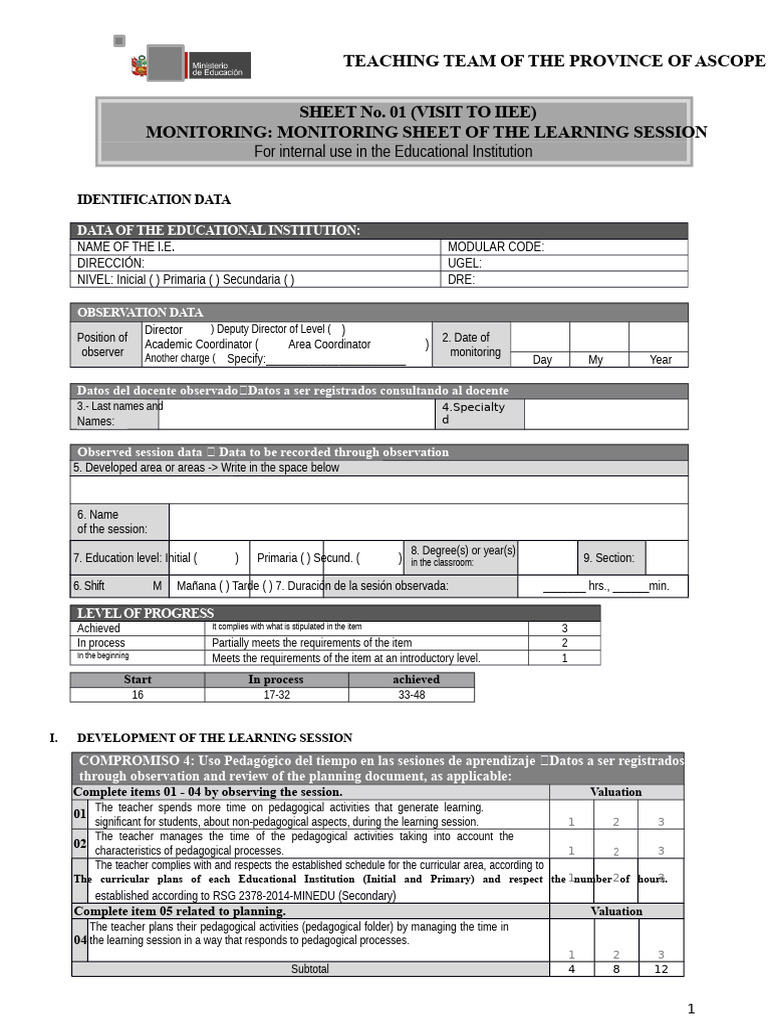 Monitoring Sheet of The Minedu in The Classroom | PDF | Teachers ...