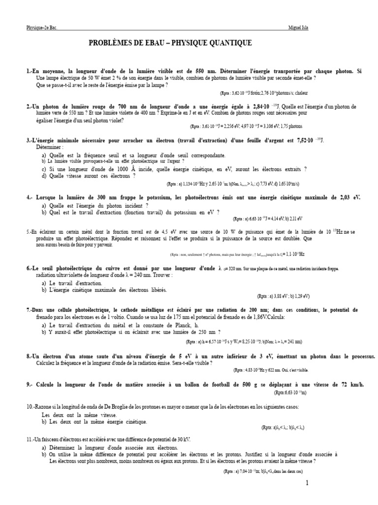 Problèmes de Physique Quantique pour Bac | PDF | Photon | Effet ...