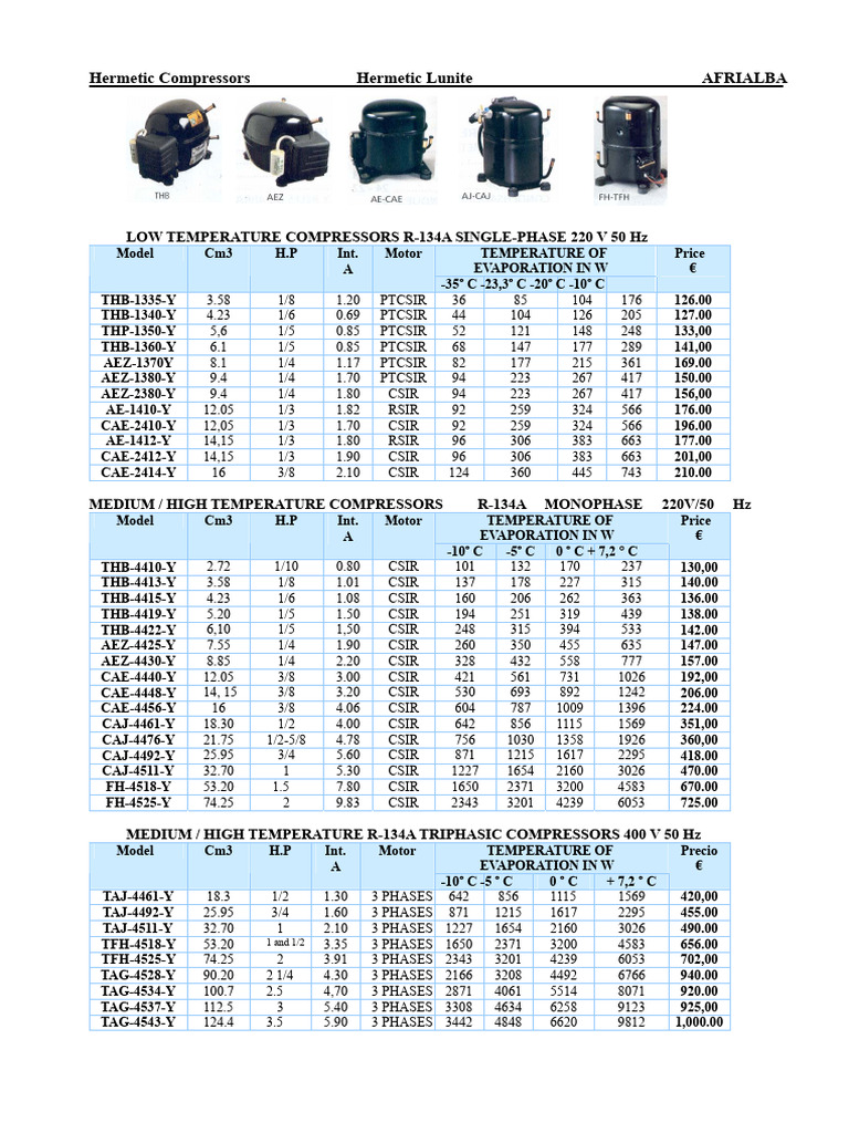 Hermetic Compressors Catalog R-134A & R-404A | PDF | Air Conditioning ...