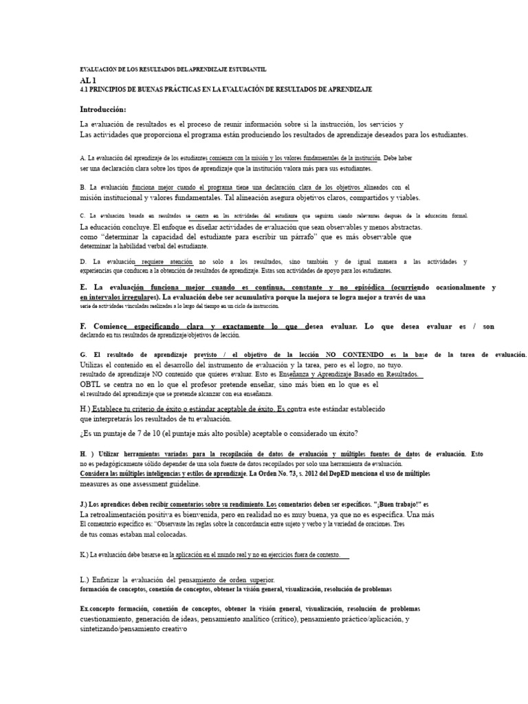 Evaluación de Los Resultados de Aprendizaje de Los Estudiantes Al1 ...