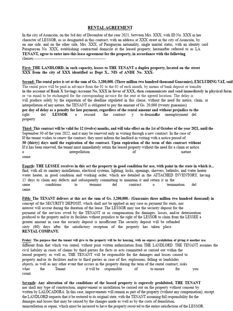 Asunción Duplex Rental Agreement | PDF | Lease | Leasehold Estate