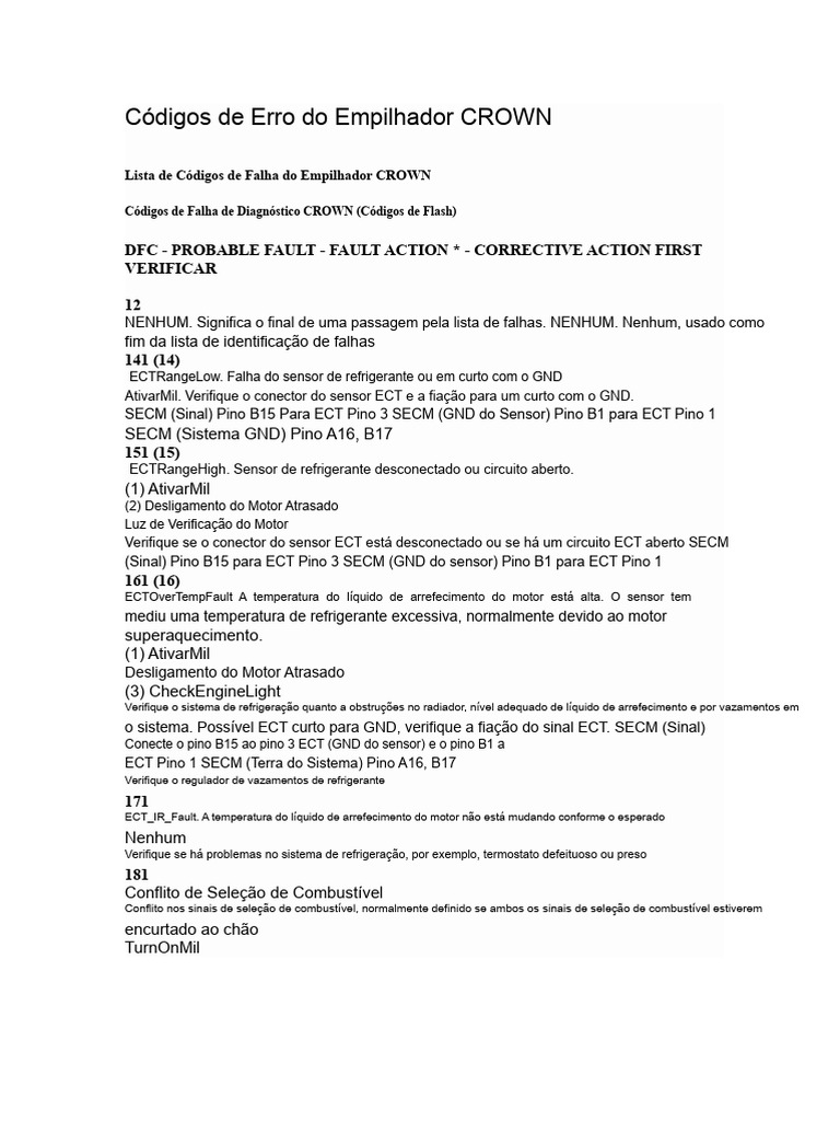 Códigos de Erro do Empilhador CROWN | PDF | Conector elétrico ...