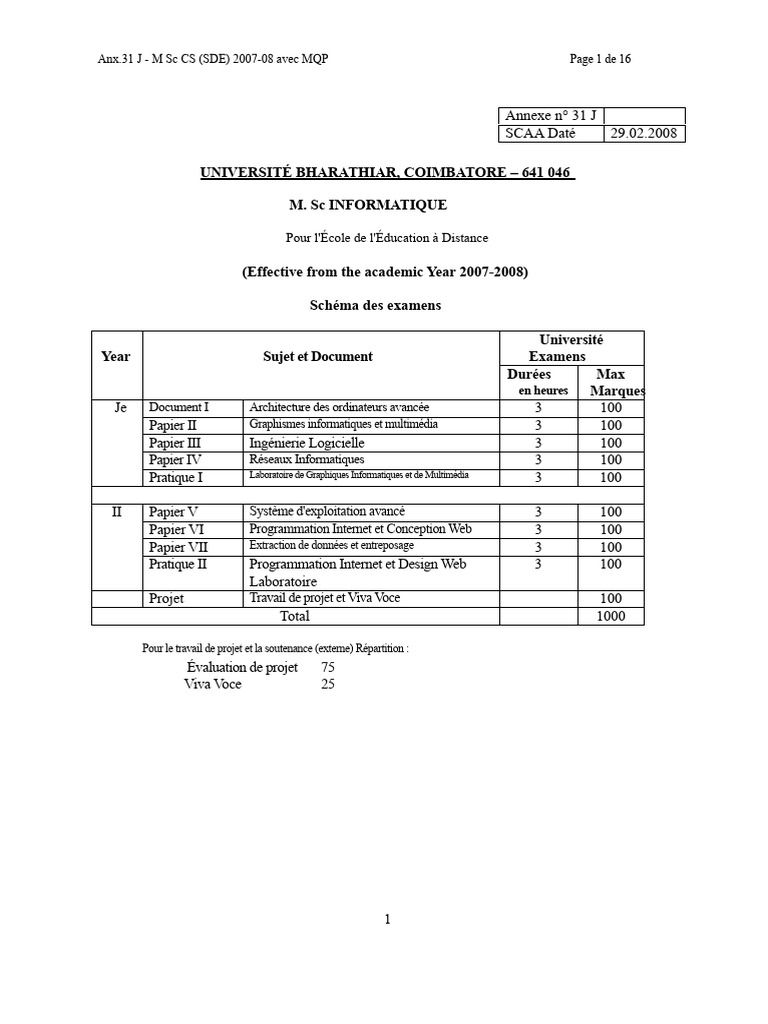 Schéma des examens M. Sc Informatique 2007-08 | PDF | Parallélisme ...