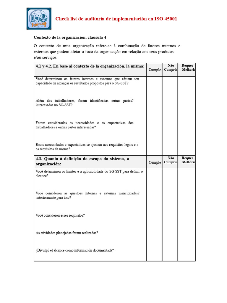 Checklist de Auditoria ISO 45001: Implementação | PDF