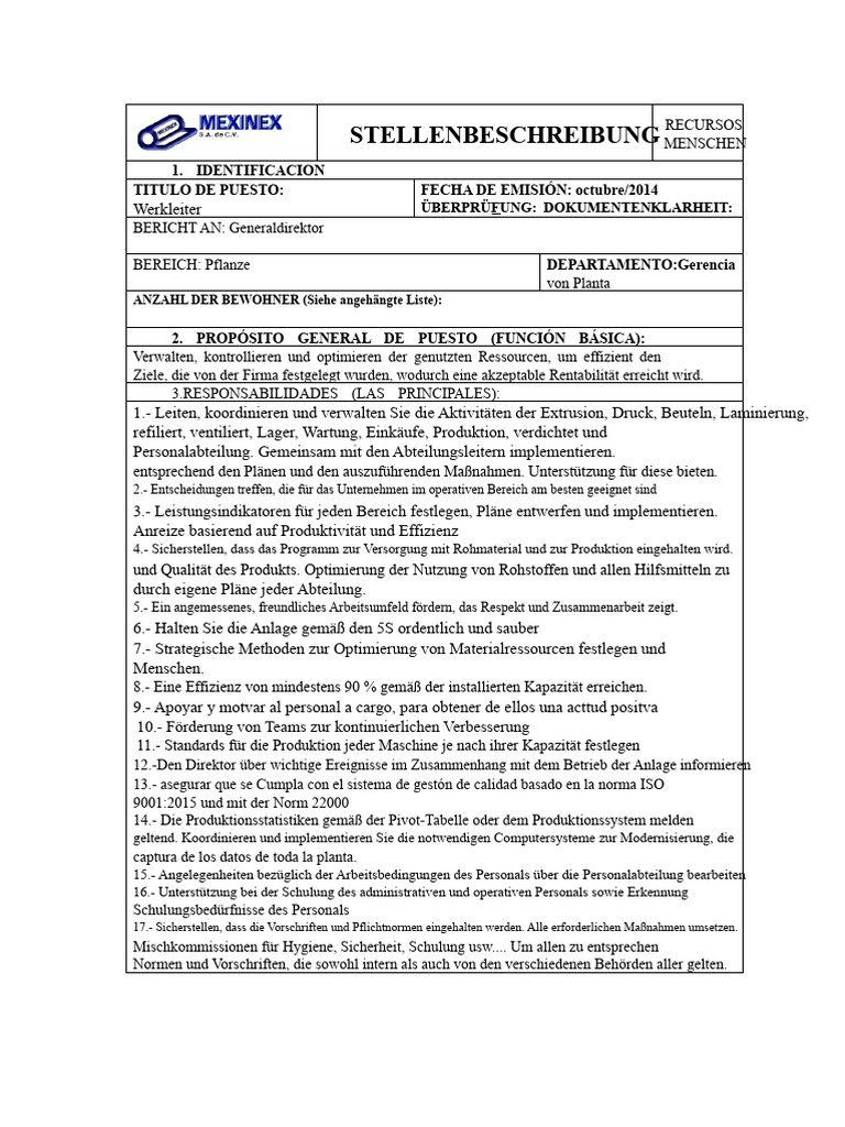 Beschreibung Der Stelle Werkleiter | PDF
