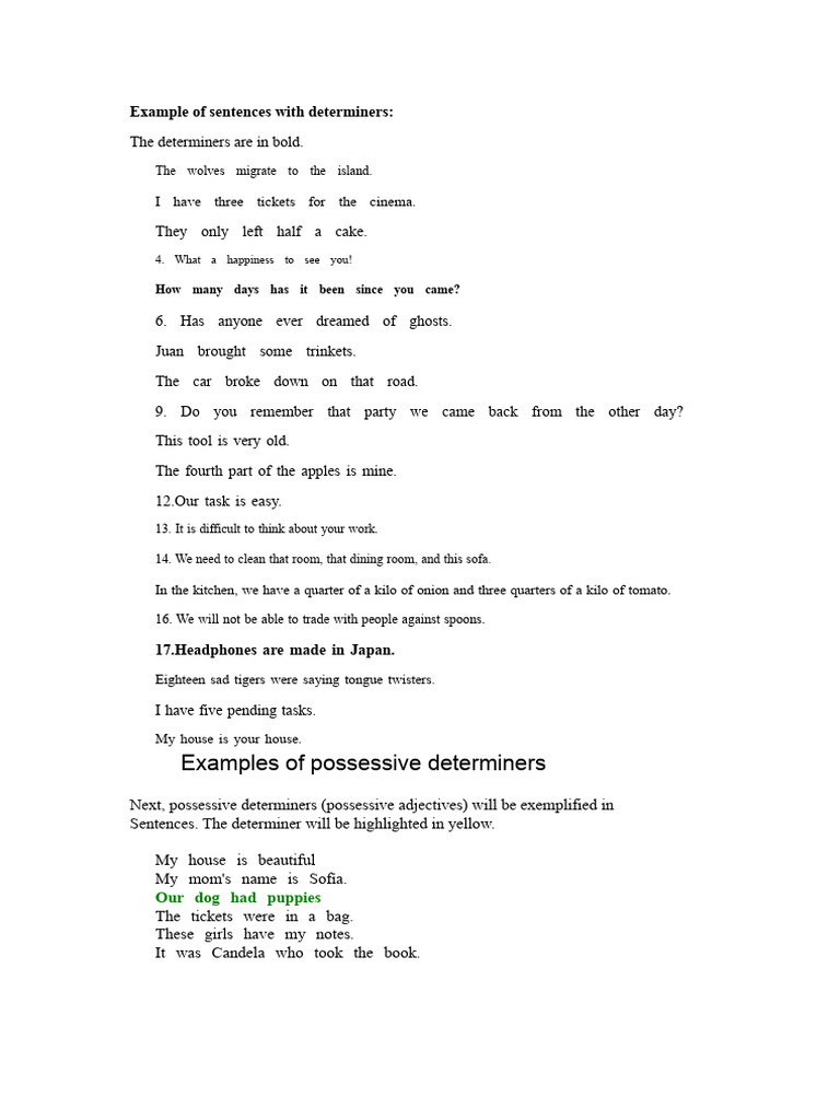 Examples of Determiners in Sentences | PDF | Quantity | Linguistic ...