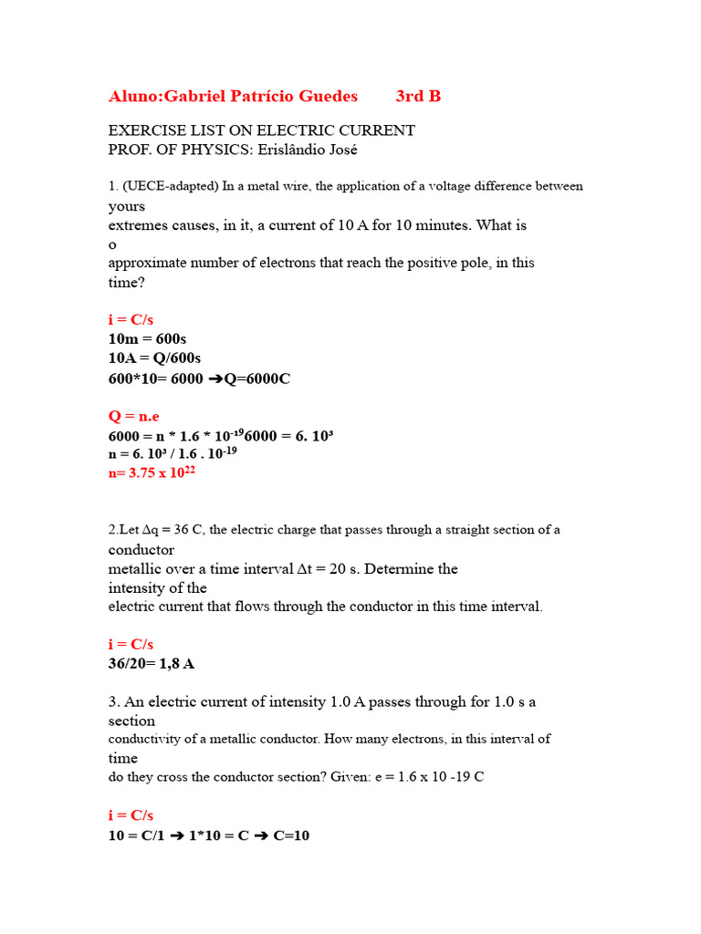 List of Exercises On Electric Current | PDF | Electric Current | Electron