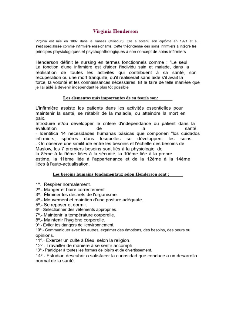 Théorie des besoins de Virginia Henderson | PDF | Allaitement