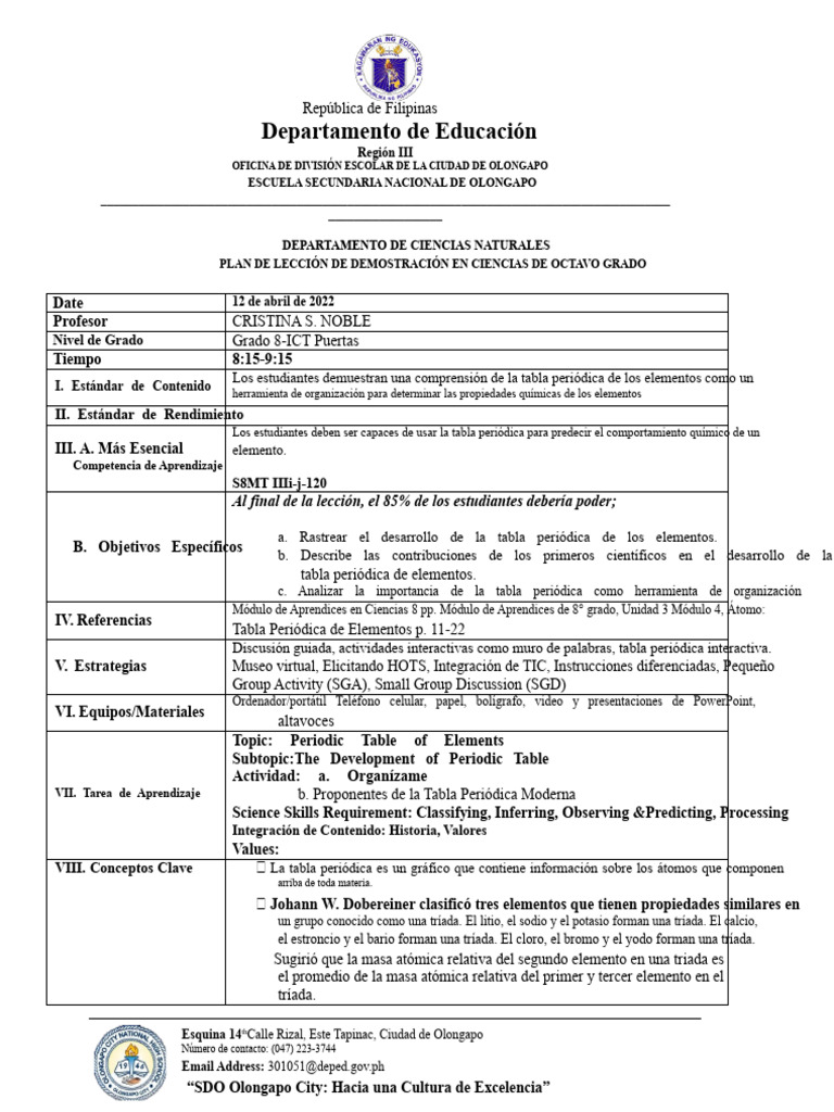 Plan de Clase Demostrativa en Ciencias 8 Cot 1 | PDF | Tabla periódica ...