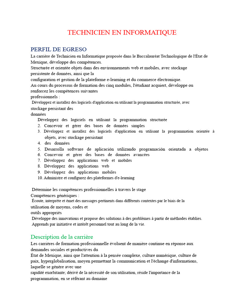 Carrière de Technicien en Informatique | PDF | Programmation ...