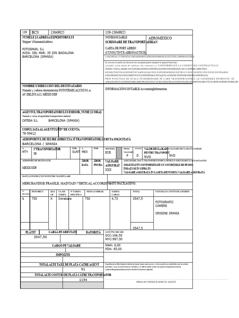 Model de Air Waybill Awb Sau Cunoștințe Aeriane | PDF