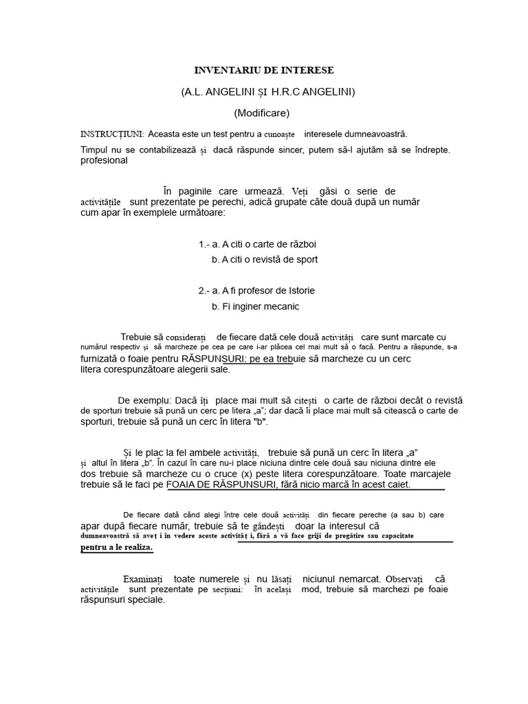 Inventarul de Interese Angelini | PDF