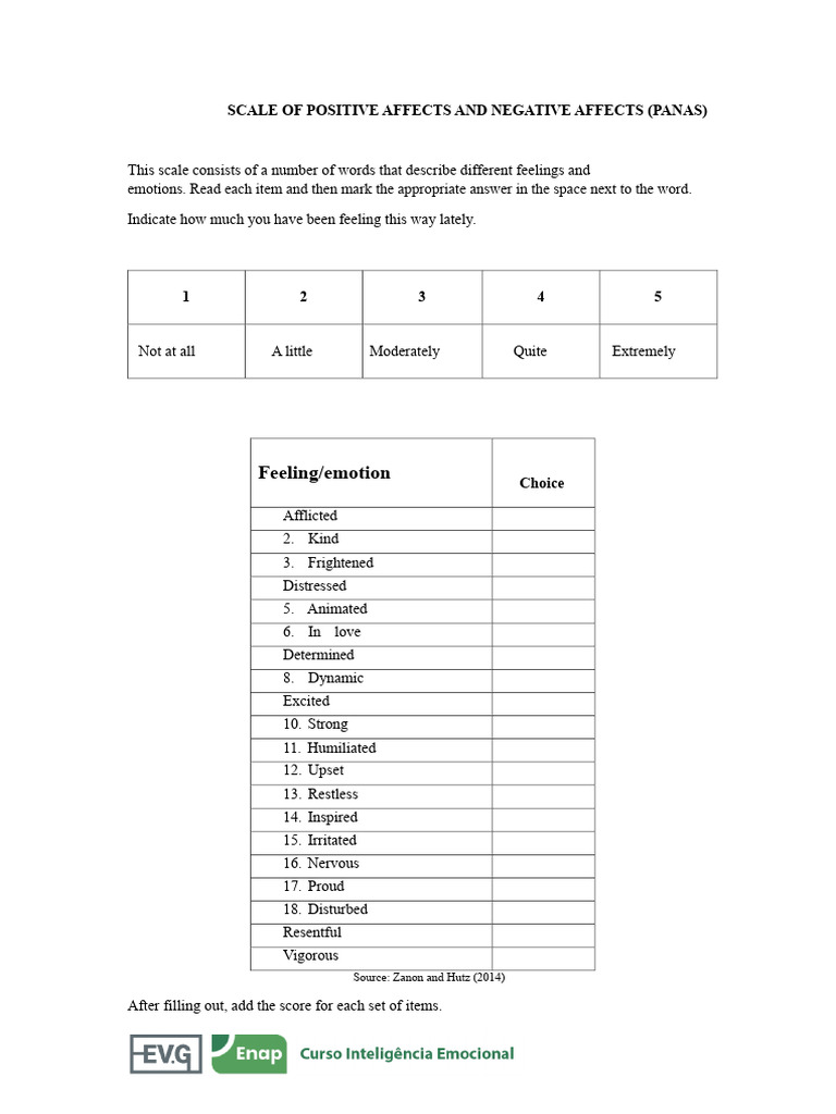 PANAS Scale for Emotional Assessment | PDF | Psychological Concepts ...