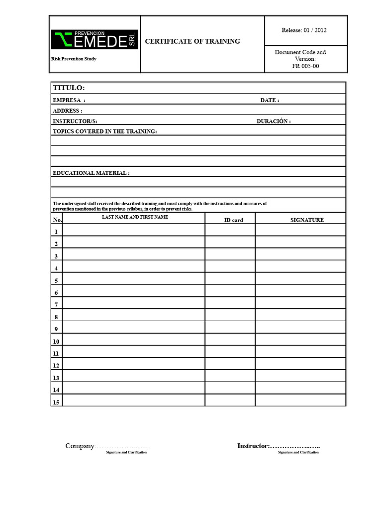 FR 005-00 Training Form | PDF