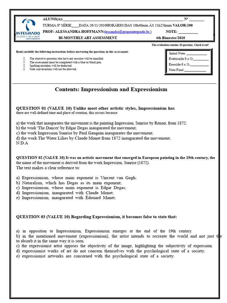 Contents: Impressionism and Expressionism: QUESTION 01 (VALUE 10 ...