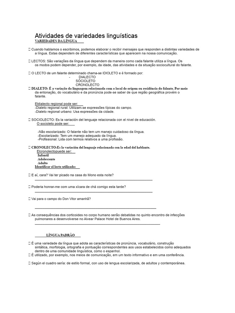 Variedades Linguísticas e Seus Lectos | PDF | Variedades e estilos ...
