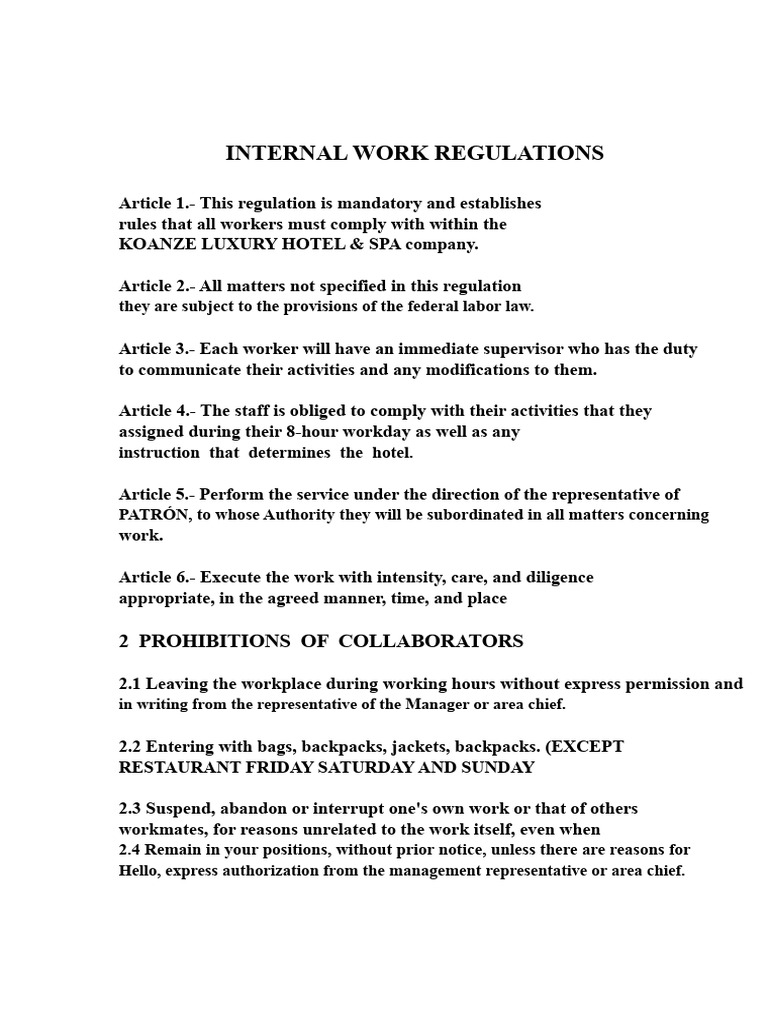 KOANZE Hotel Internal Work Regulations | PDF | Working Time | Salary