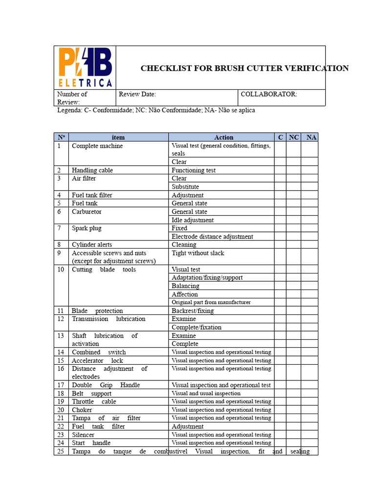 Brush Cutter Verification Checklist | PDF | Throttle | Vehicle Parts