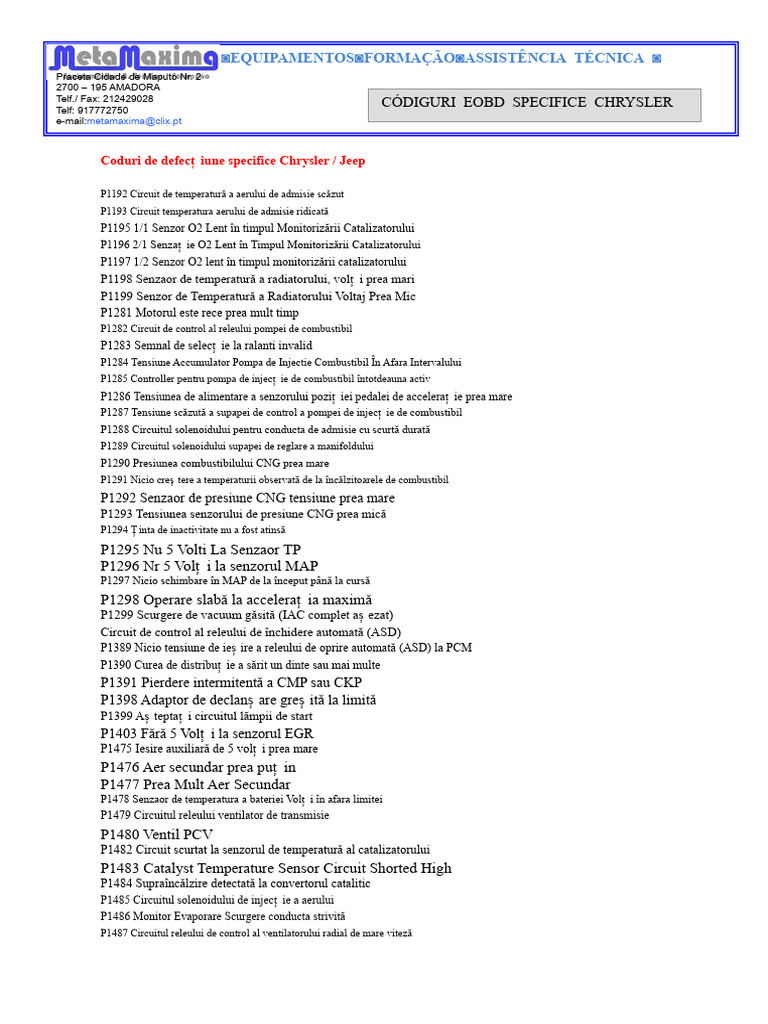 Coduri EOBD CHRYSLER - JEEP | PDF