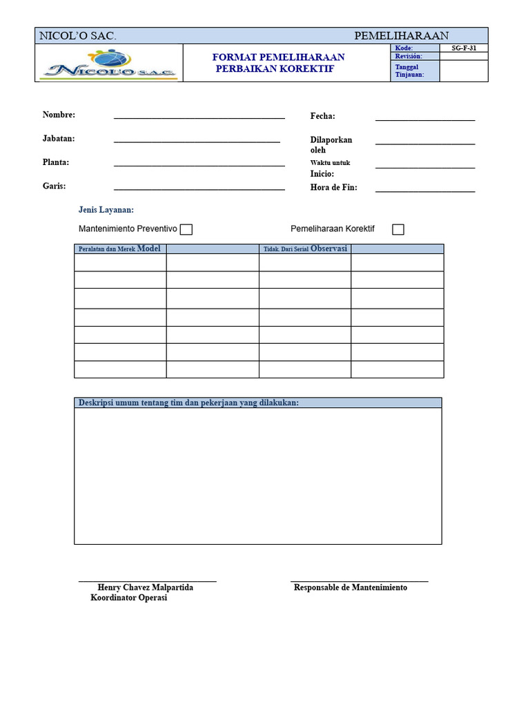 Format Pemeliharaan Perbaikan Korektif | PDF