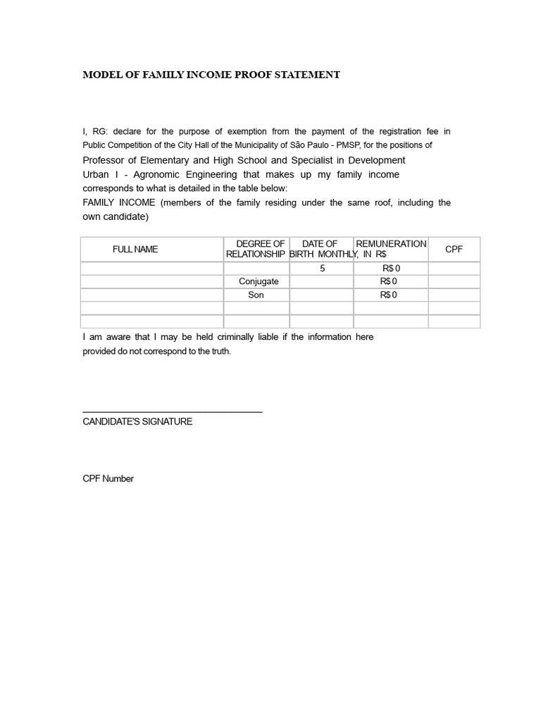 Family Income Proof Statement Template | PDF