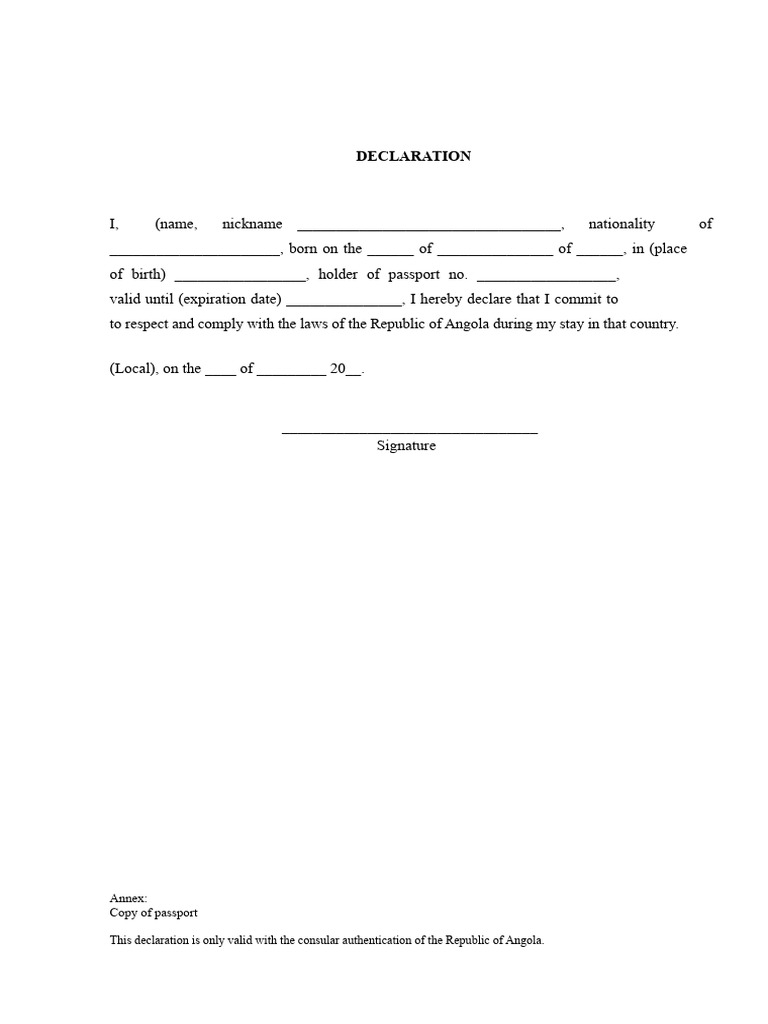 Declaration Model Regarding Respect For Angolan Laws | PDF