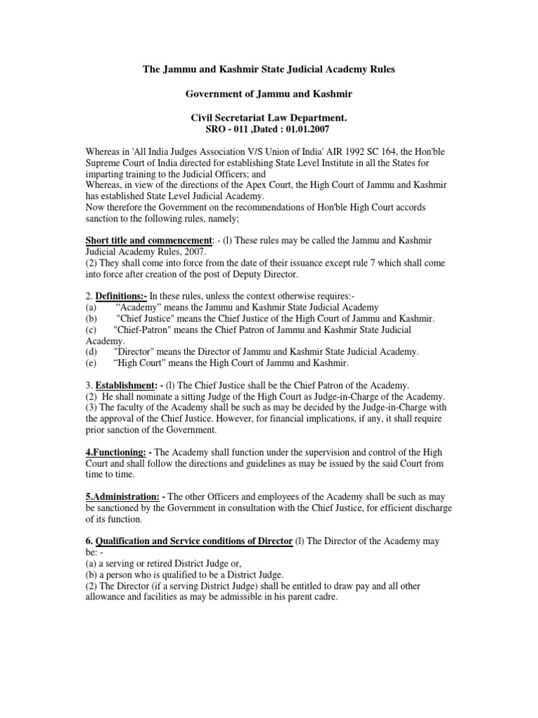 The Jammu and Kashmir State Judicial Academy Rules Government of Jammu