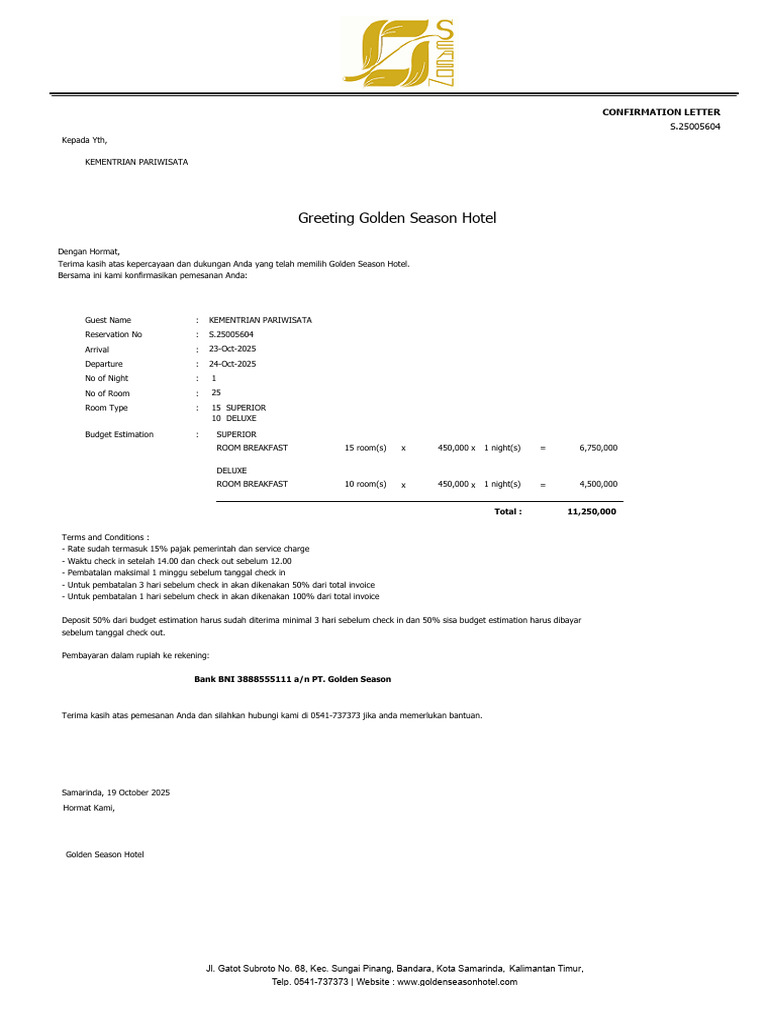 Confirmation Letter Kementrian Pariwisata | PDF