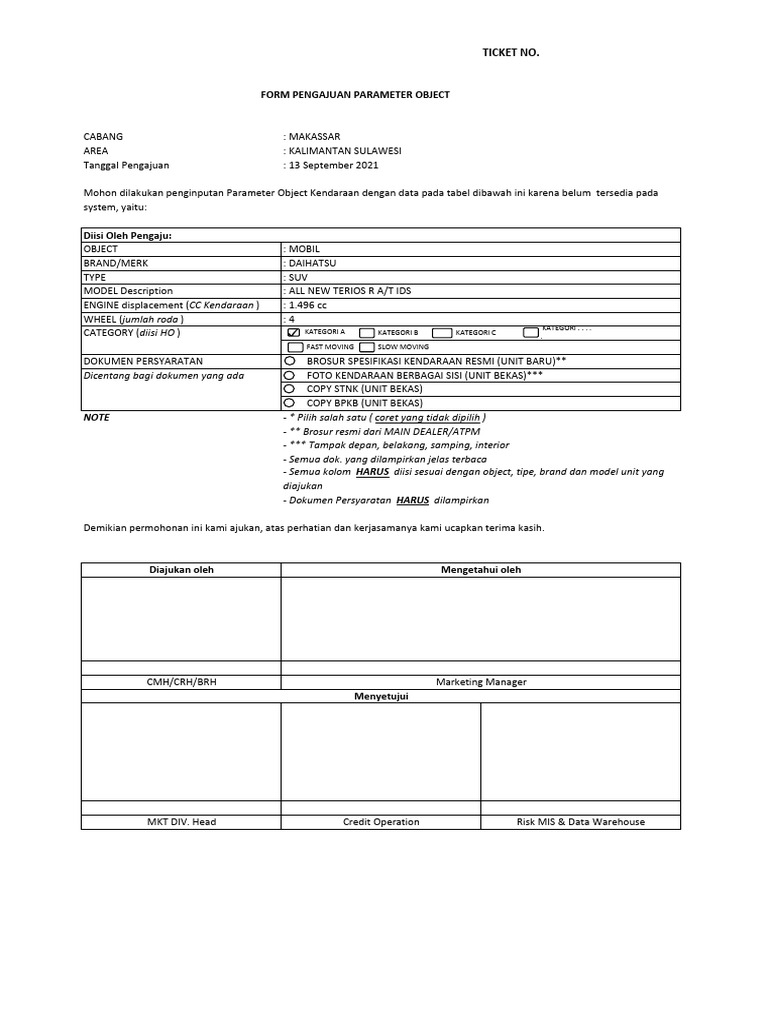 Copy of FORM Pengajuan Parameter Object | PDF