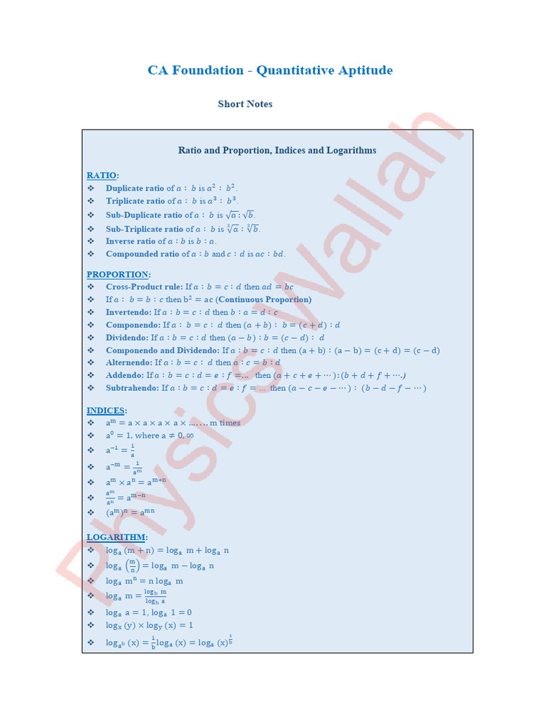 CA Foundation Quantitative Aptitude Notes | PDF | Ratio | Standard ...