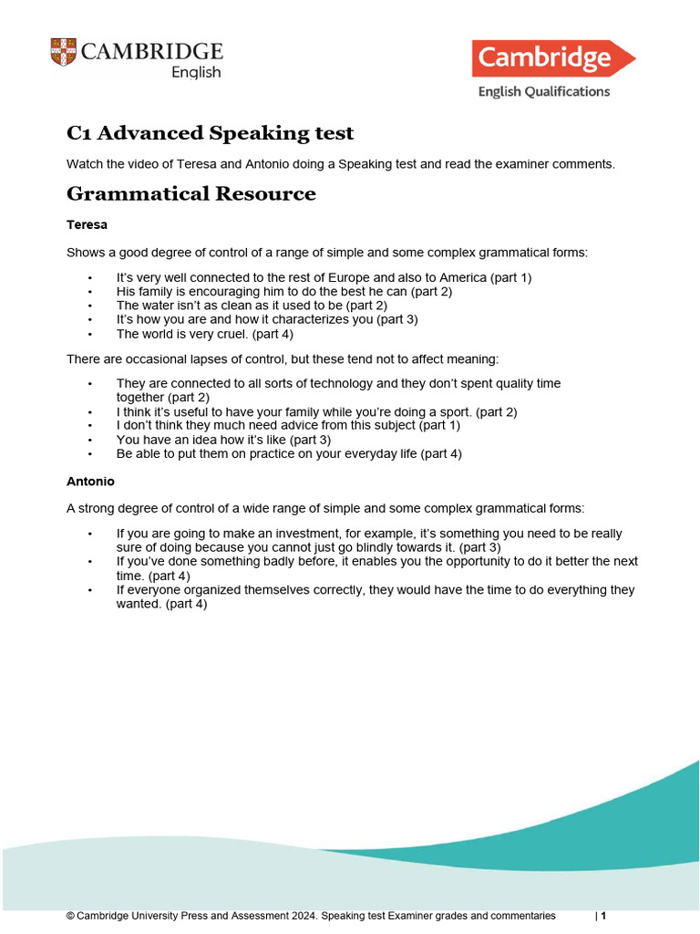 C1 Advanced Examiner Comments Teresa and Antonio | PDF | Communication ...
