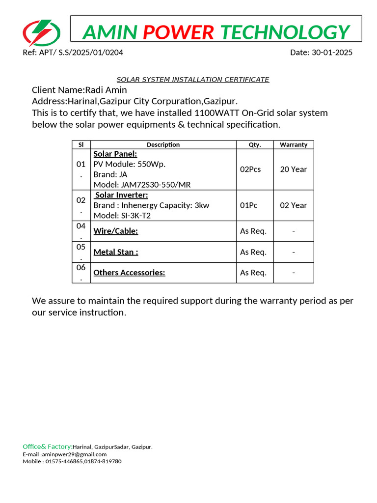 Solar System Installation Certificate | PDF